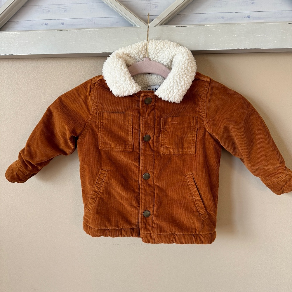 Old Navy Boys Coat 2T Brown Corduroy Fleece Collar Button Long Sleeve